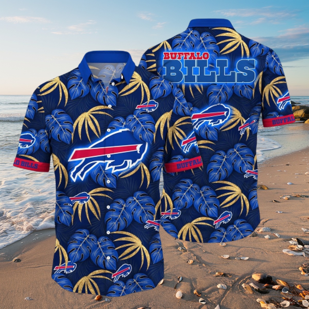 Men s Buffalo Bills NFL Hawaiian Shirt - Tropical Blue Leaf Golden Palm Print Short Sleeve Button-Down