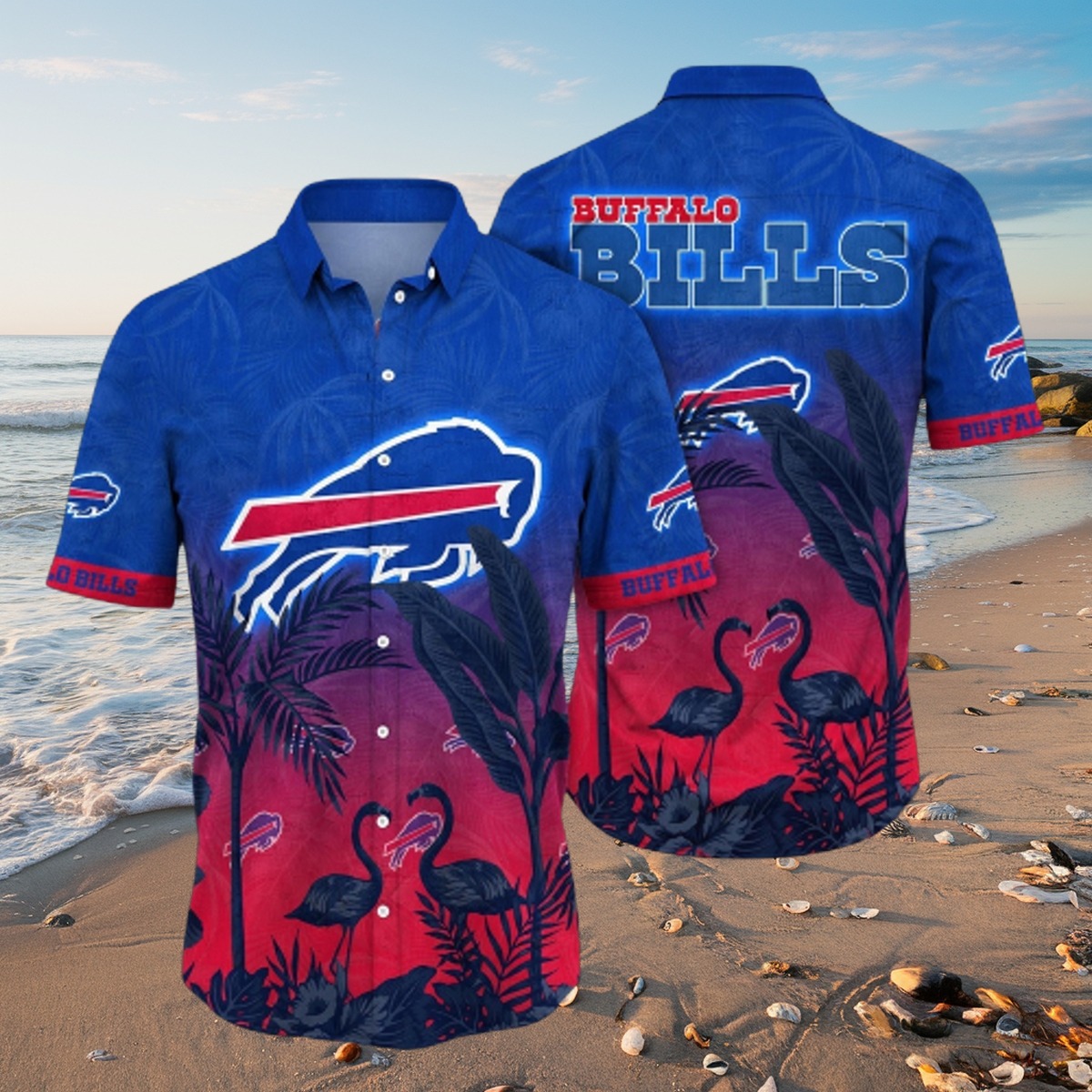 Men s Buffalo Bills NFL Hawaiian Shirt Tropical Flamingo Palm Tree Print Summer Beach Button-Down