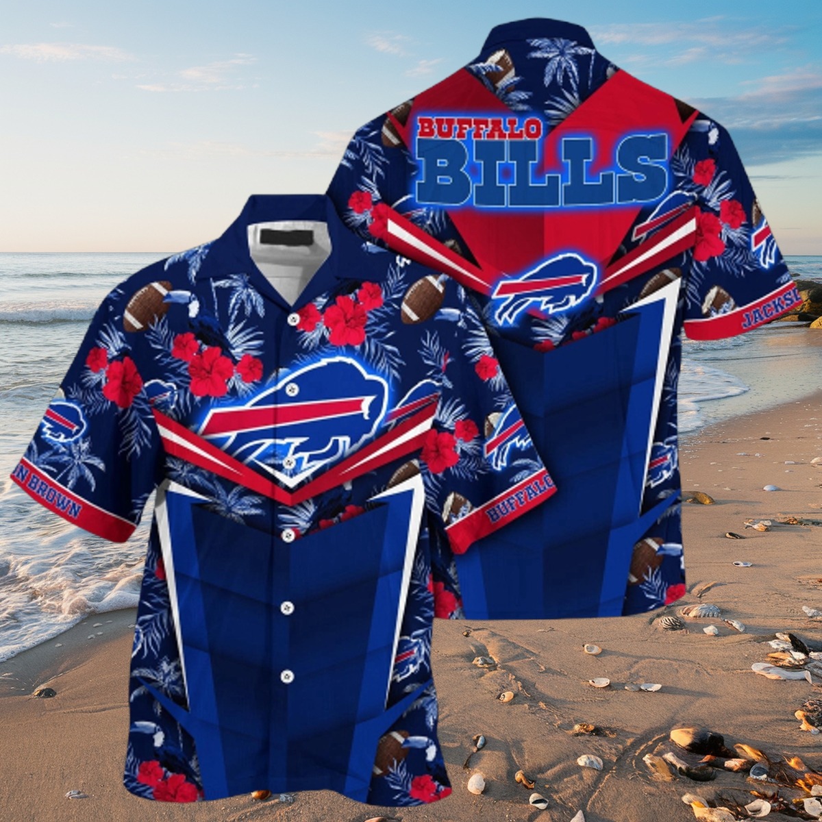 Men s Buffalo Bills NFL Hawaiian Shirt with Tropical Floral Football Print Button-Down