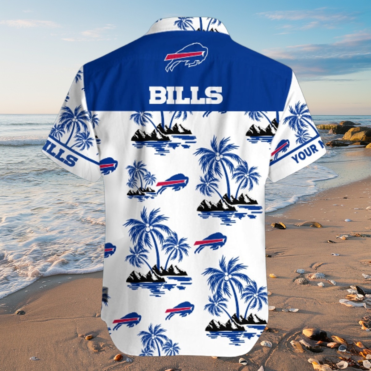 Men s Buffalo Bills NFL Tropical Hawaiian Shirt - Blue Palm Tree Team Logo Pattern Summer Button Down