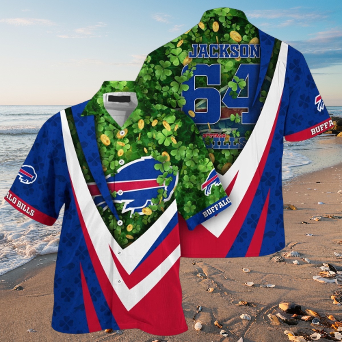 Men s Buffalo Bills St Patrick s Day Hawaiian Shirt - Jackson 64 Clover Gold Coin Print Aloha Button Down