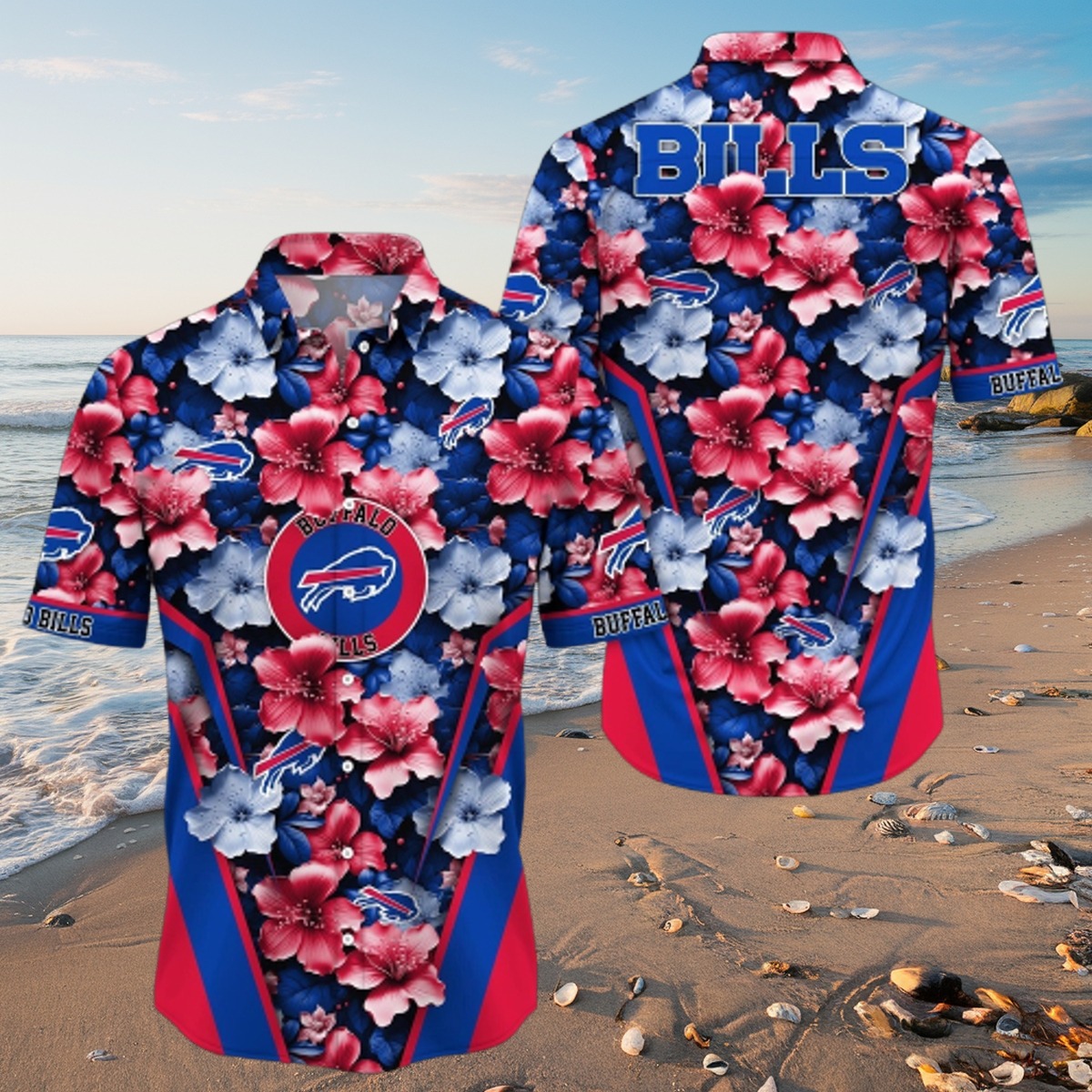 Men s Buffalo Bills Tropical Floral Print Hawaiian Button-Down Shirt Summer Game Day