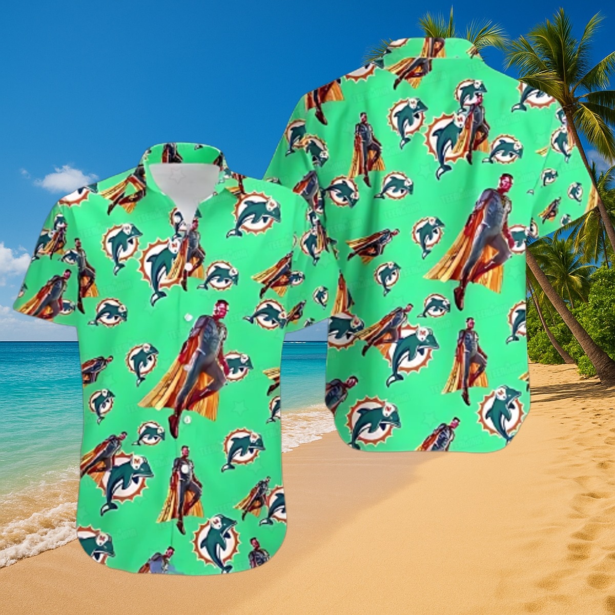 Men s Green Miami Dolphins Logo and Vision Marvel Character Tropical Print Hawaiian Shirt Button-Down
