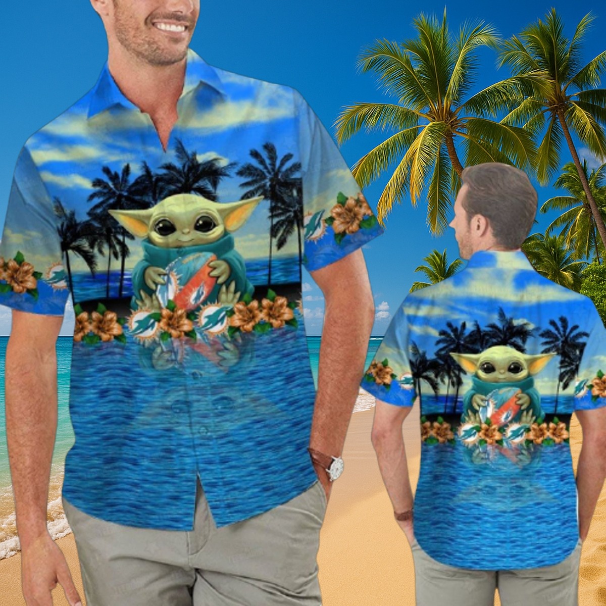 Men s Hawaiian Shirt featuring Baby Yoda and Miami Dolphins Logo Tropical Beach Print Button-Down