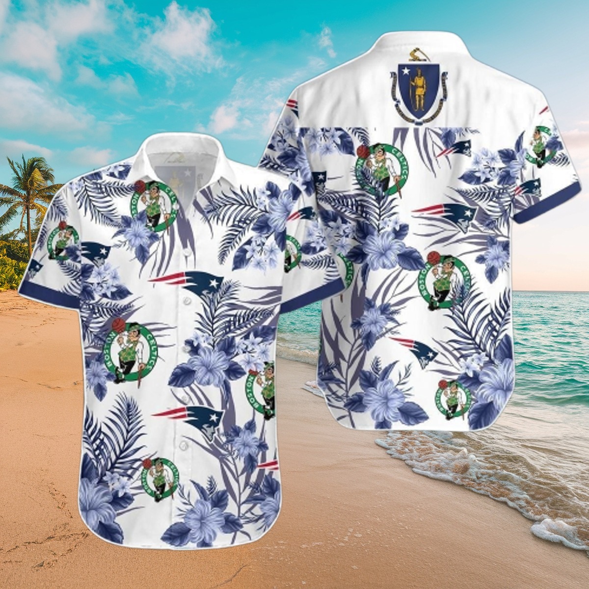 Men s Hawaiian Shirt with Tropical Floral Leaf Pattern, Boston Celtics New England Patriots Logos, Massachusetts State Seal