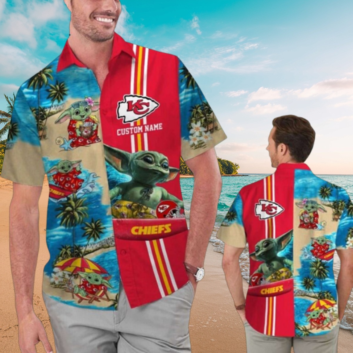 Men s Kansas City Chiefs Grogu Baby Yoda Split Hawaiian Shirt - Tropical Beach Scene Team Logo Button-Down