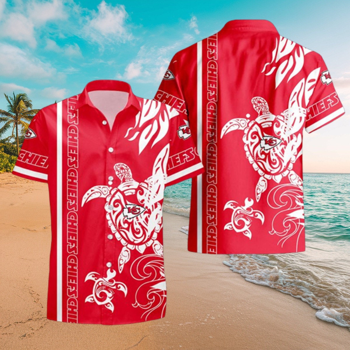 Men s Kansas City Chiefs Hawaiian Shirt Red Turtle Tribal Pattern - Casual Summer Button-Down