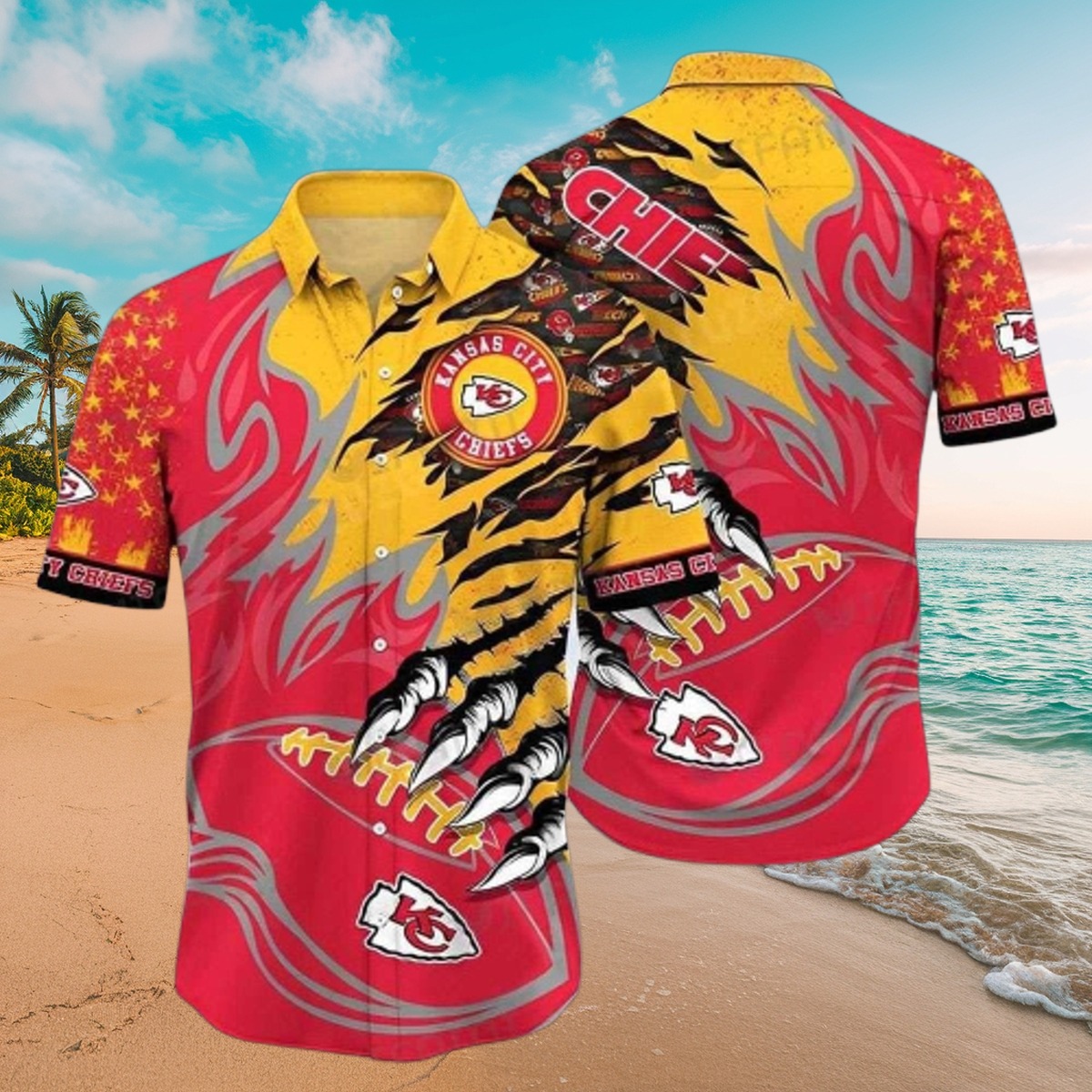 Men s Kansas City Chiefs Hawaiian Shirt with Football Claw Mark Tiger Stripe Graphic - Red Yellow Casual Button Down