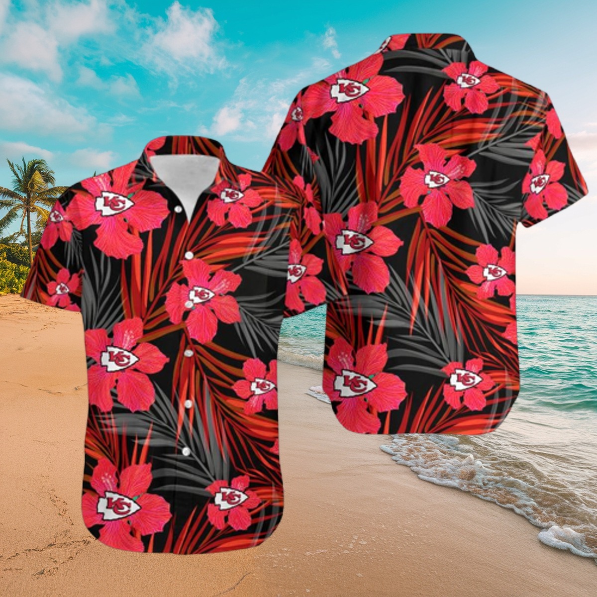 Men s Kansas City Chiefs Hawaiian Shirt with Red Hibiscus Floral Tropical Palm Print - Casual Summer Button-Down