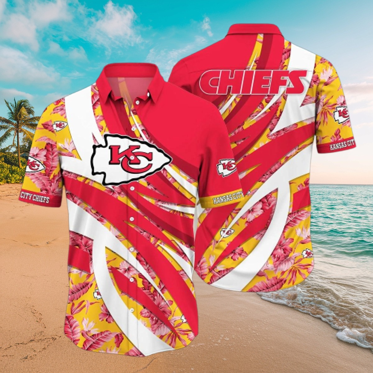 Men s Kansas City Chiefs Hawaiian Shirt with Tropical Floral Print - Red and Yellow Casual Button-Down