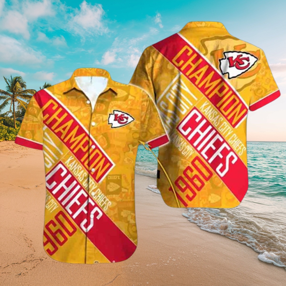 Men s Kansas City Chiefs Hawaiian Shirt - Yellow Red Champion 1960 Logo Button-Down