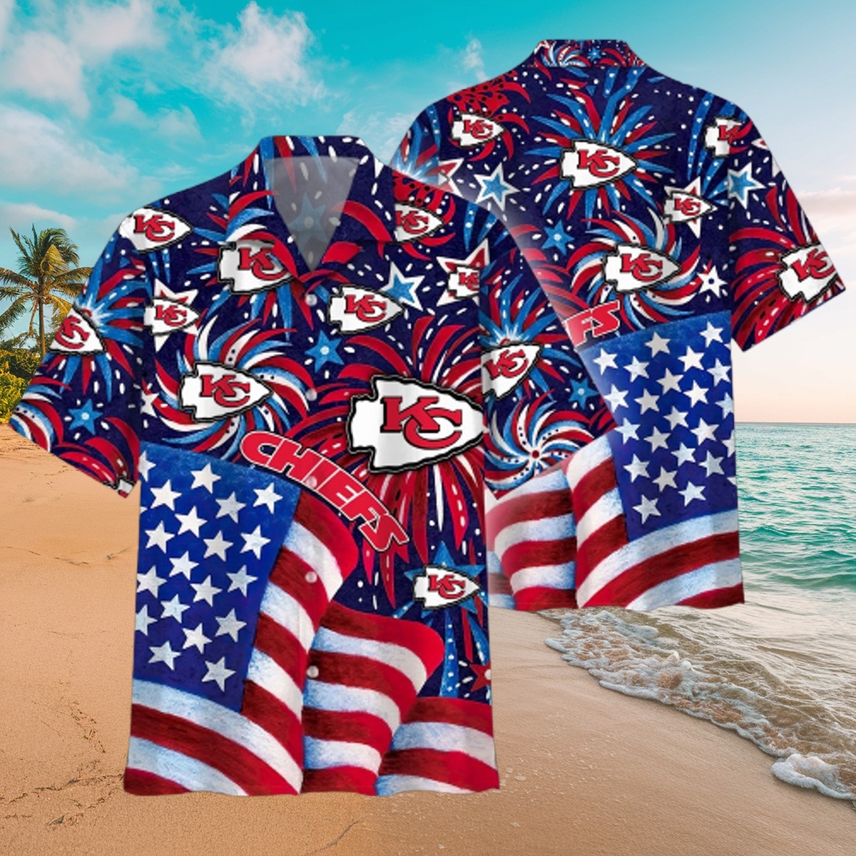 Men s Kansas City Chiefs Patriotic Hawaiian Shirt - American Flag Fireworks Print Red White Blue Button-Down