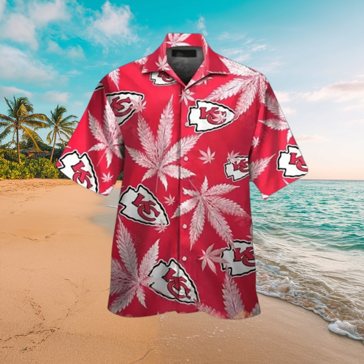 Men s Kansas City Chiefs Red Hawaiian Shirt with Marijuana Leaf Print - Casual Short Sleeve Button-Down