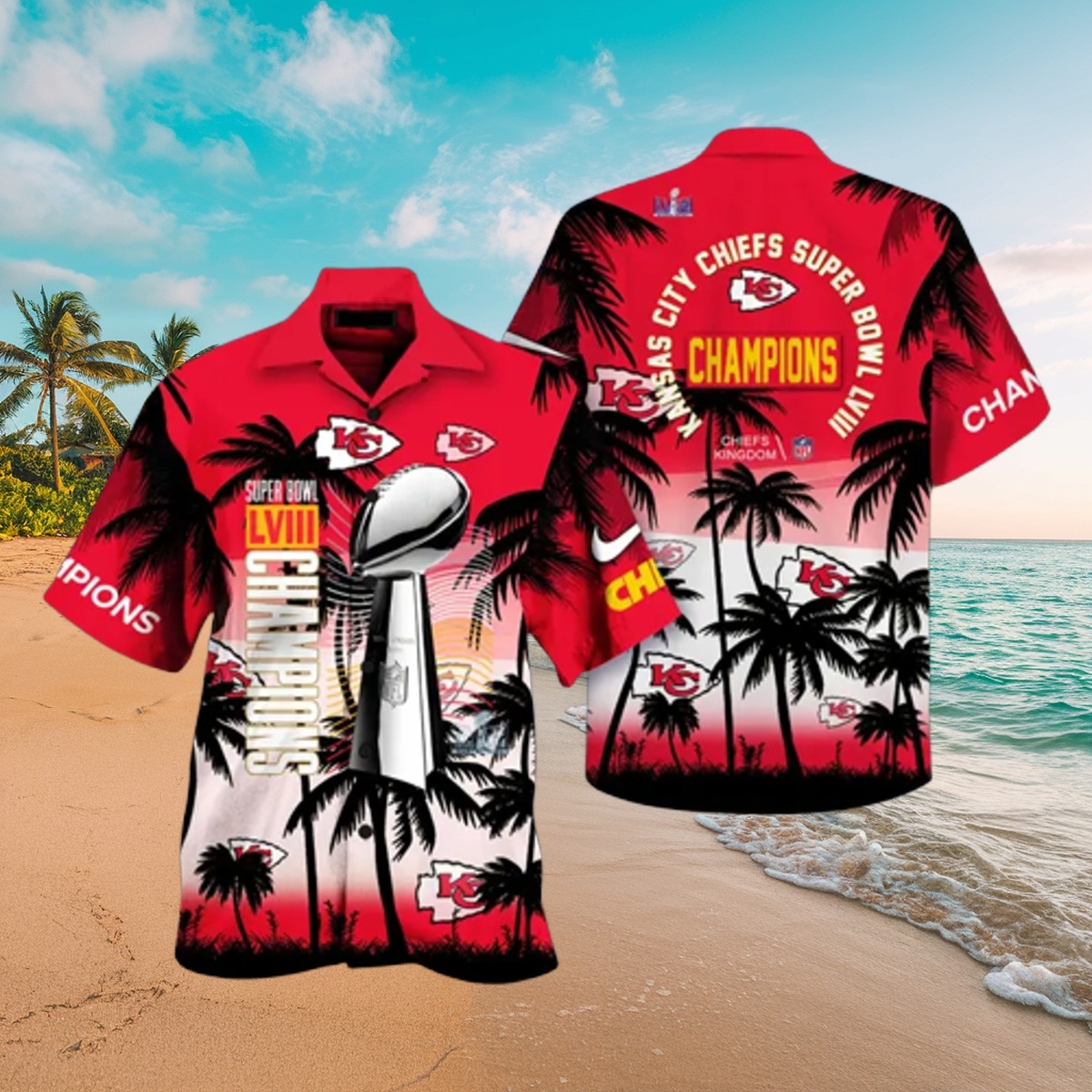 Men s Kansas City Chiefs Super Bowl LVIII Champions Hawaiian Shirt - Red Tropical Palm Tree Print Button-Down