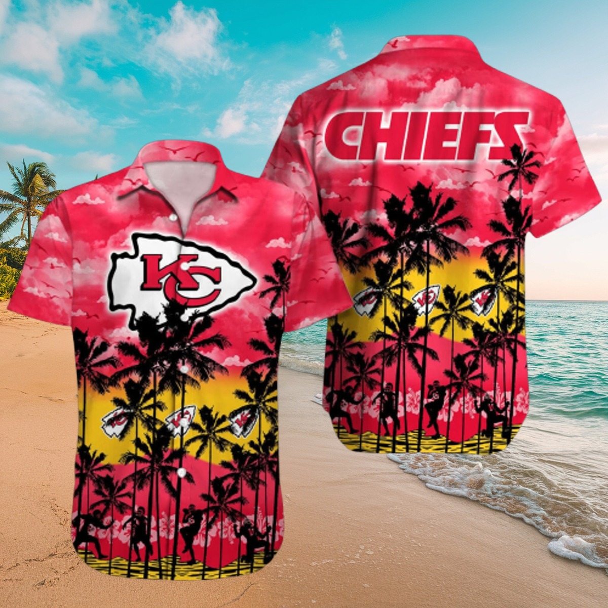 Men s Kansas City Chiefs Tropical Hawaiian Shirt Palm Tree Beach Print Button-Down