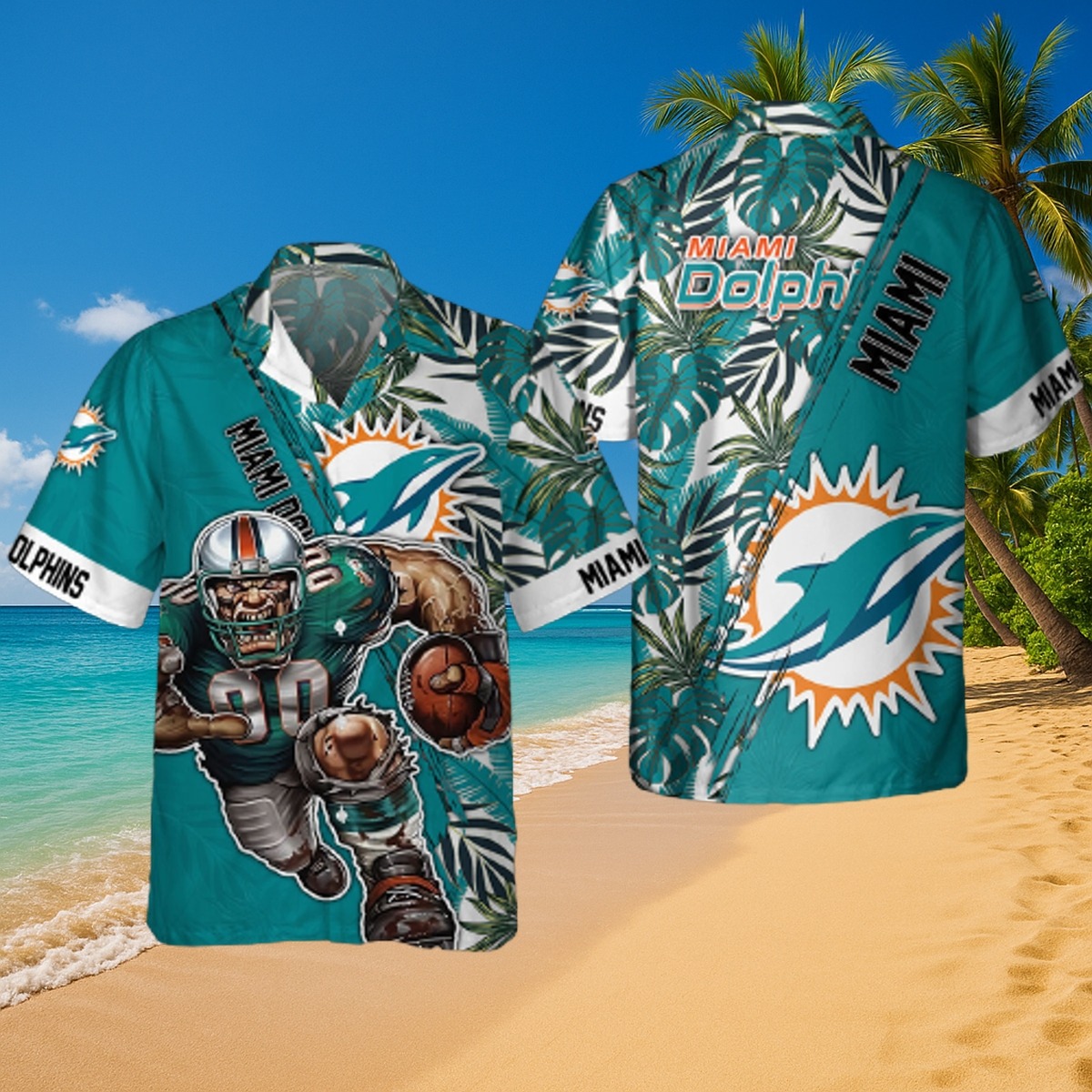 Men s Miami Dolphins Beast Mode Football Hawaiian Shirt Tropical Leaf Print