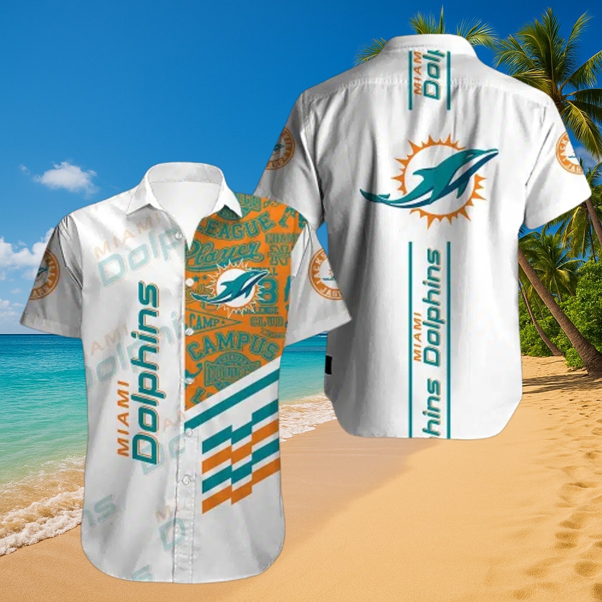 Men s Miami Dolphins Campus Champion Split Design Graphic Hawaiian Shirt