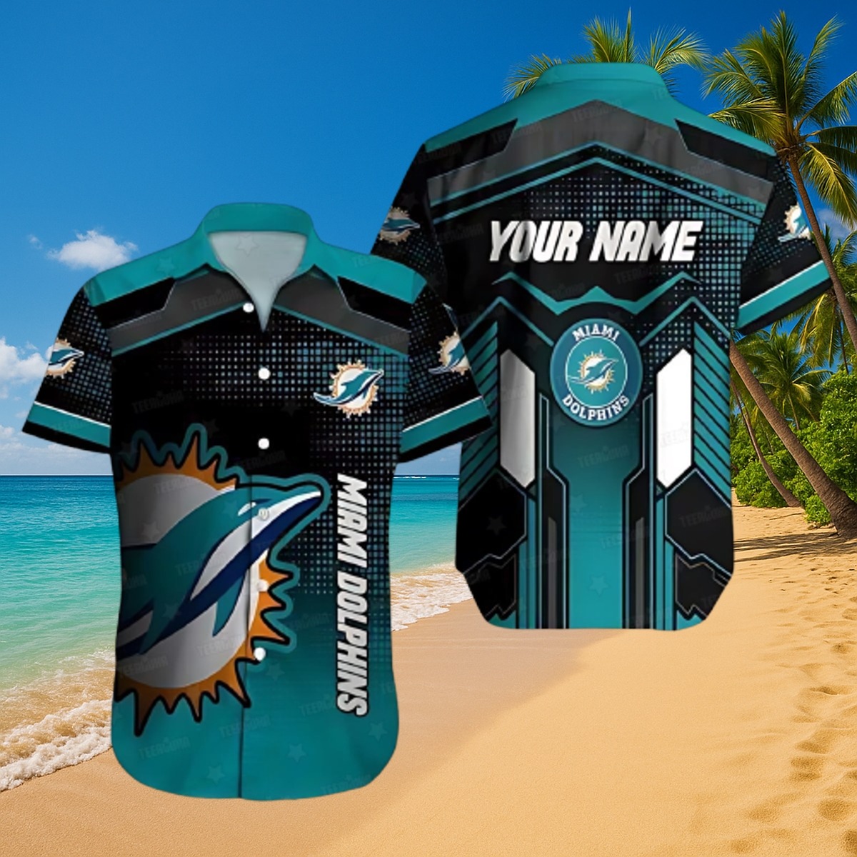Men s Miami Dolphins Custom Hawaiian Shirt - Teal Cyber Pattern Button-Down