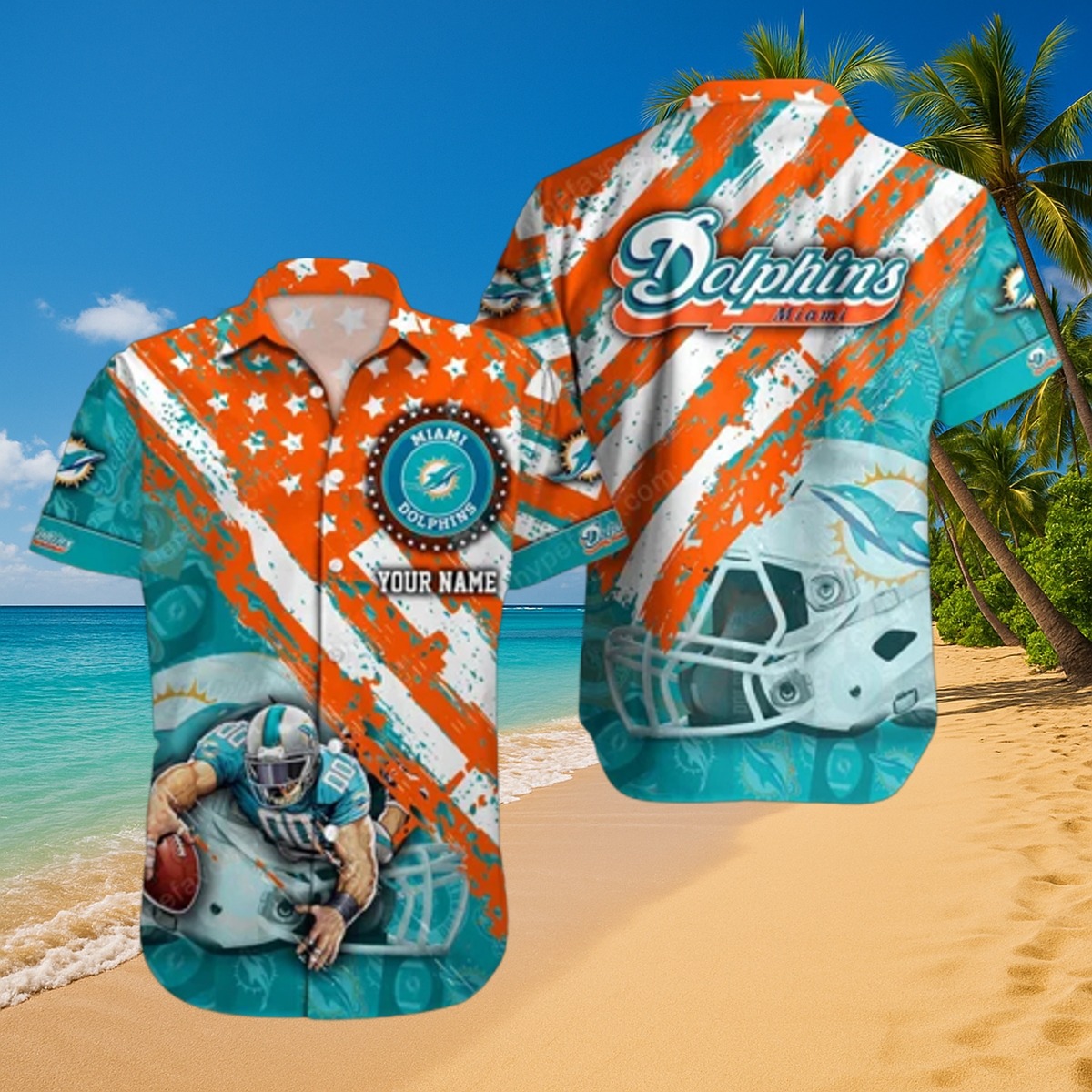 Men s Miami Dolphins Customizable Hawaiian Shirt - Short Sleeve Button-Down with Player, Helmet Team Logo Graphic