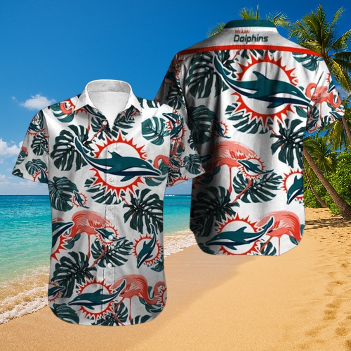 Men s Miami Dolphins Flamingo Tropical Leaf Hawaiian Button-Down Shirt