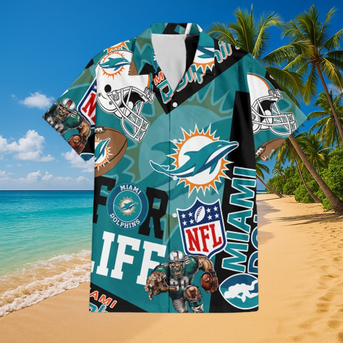Men s Miami Dolphins For Life Hawaiian Shirt and Beach Shorts Set - Tropical NFL Football Team Logo Print