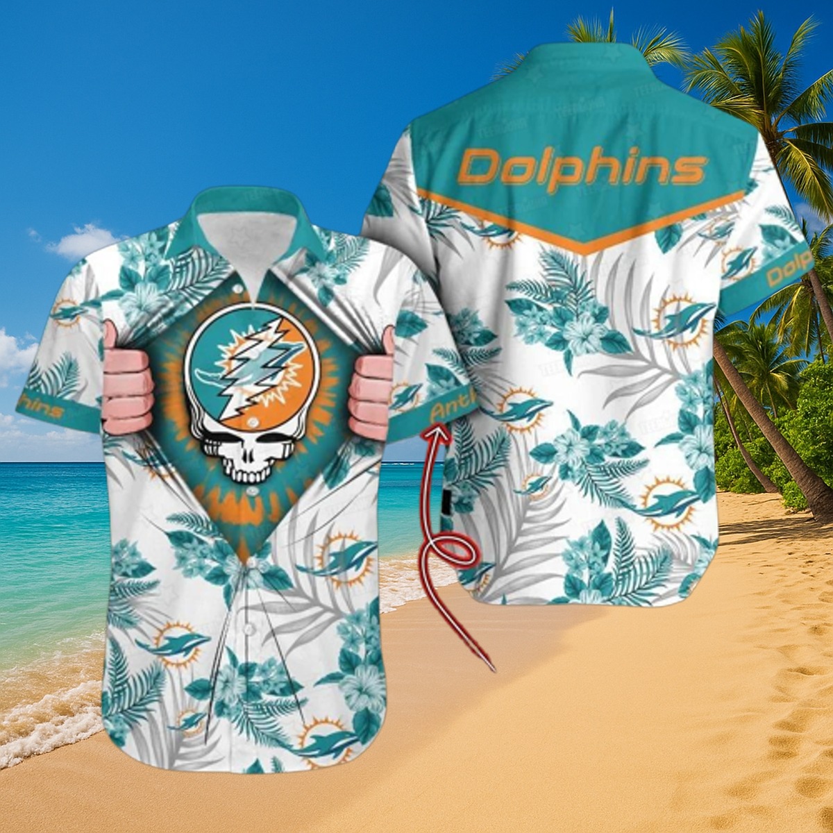 Men s Miami Dolphins Grateful Dead Steal Your Face Skull Hawaiian Aloha Shirt Tropical Floral Button Down