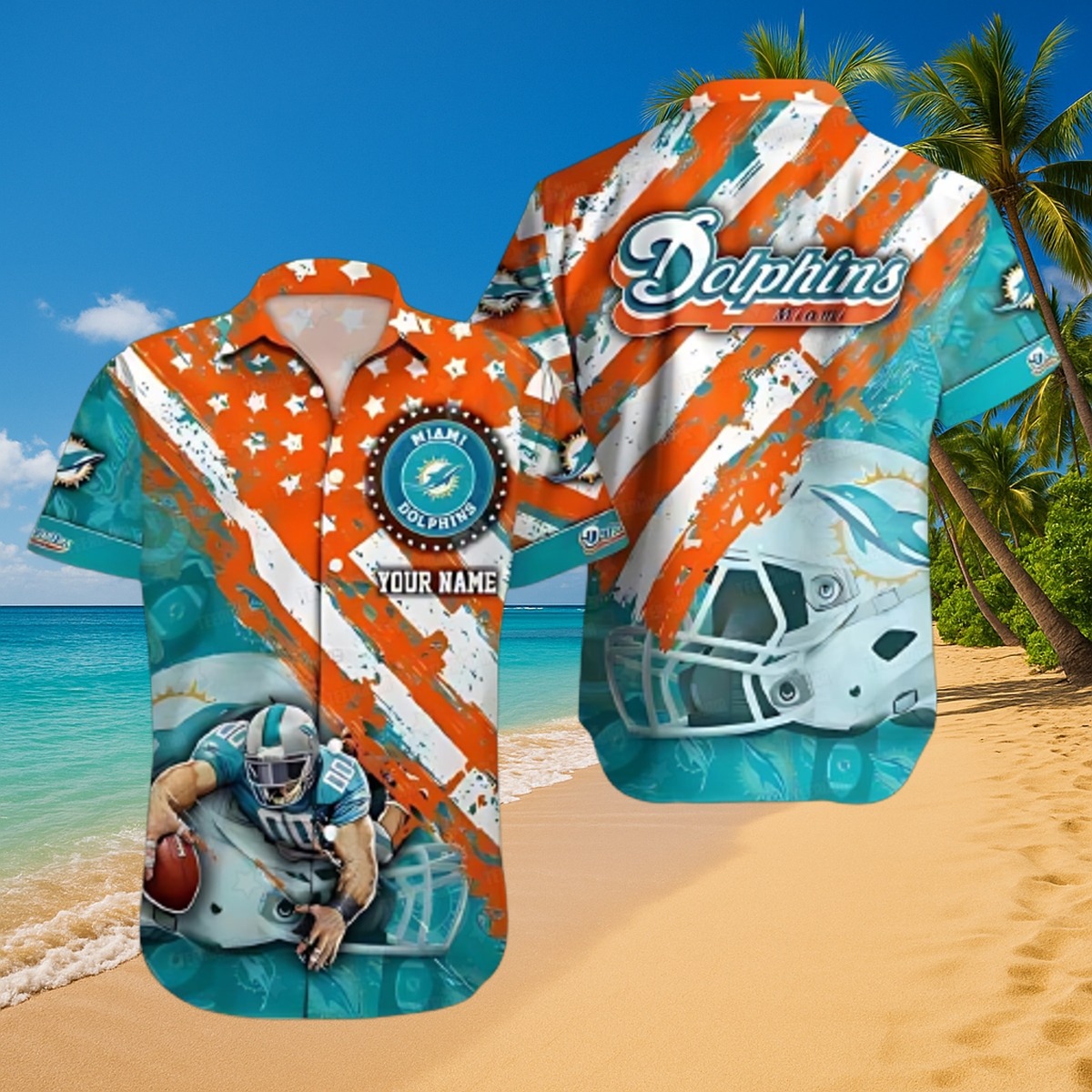 Men s Miami Dolphins Gridiron Patriot Football Distressed Flag Hawaiian Aloha Button Down Shirt