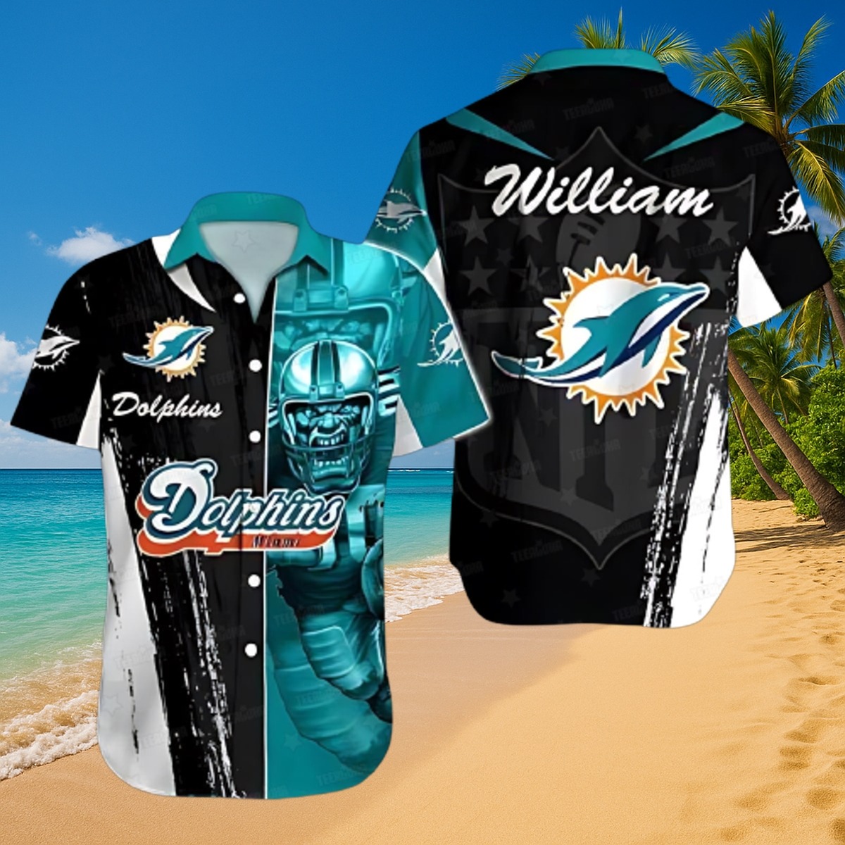 Men s Miami Dolphins Gridiron Warrior Hawaiian Shirt - Football Player Graphic Casual Beach Button-Down