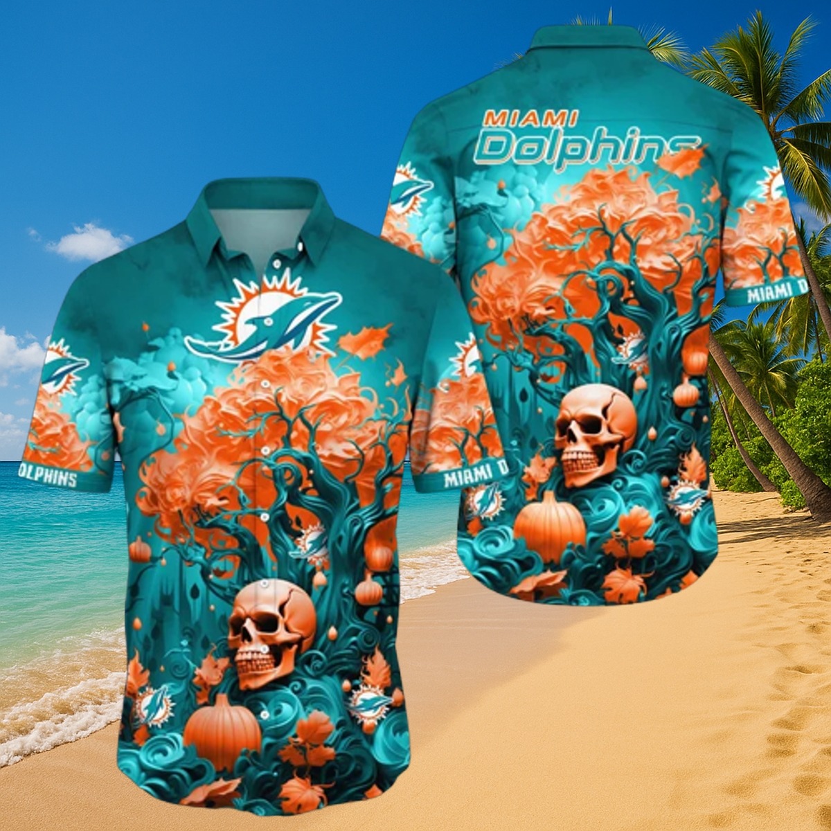 Men s Miami Dolphins Halloween Skull Pumpkin Autumn Hawaiian Shirt Button Down