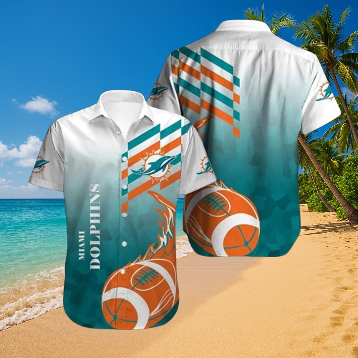 Men s Miami Dolphins Hawaiian Button-Down Shirt with Football Graphic and Team Colors - Casual Summer Fan Gear