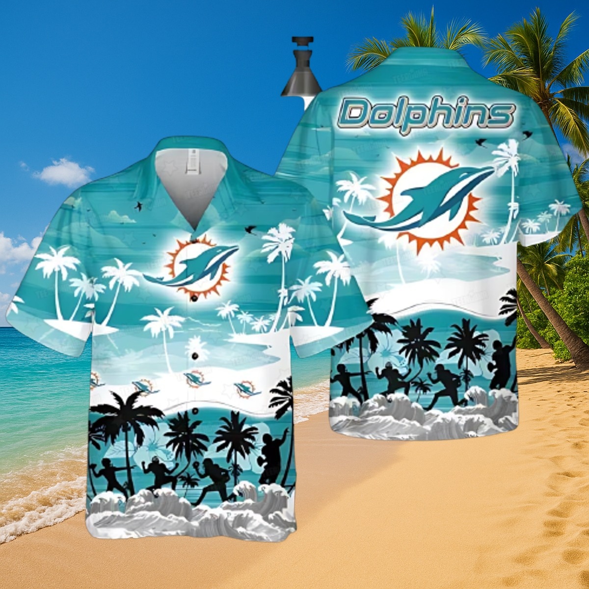 Men s Miami Dolphins Hawaiian Button-Down Shirt with Tropical Beach Print, Palm Trees, and Football Silhouettes