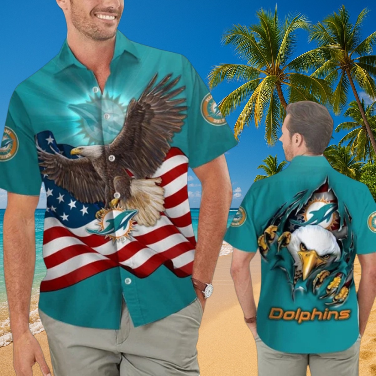 Men s Miami Dolphins Hawaiian Shirt - Bald Eagle American Flag Front Ripped Back Graphic - Tropical Button-Down