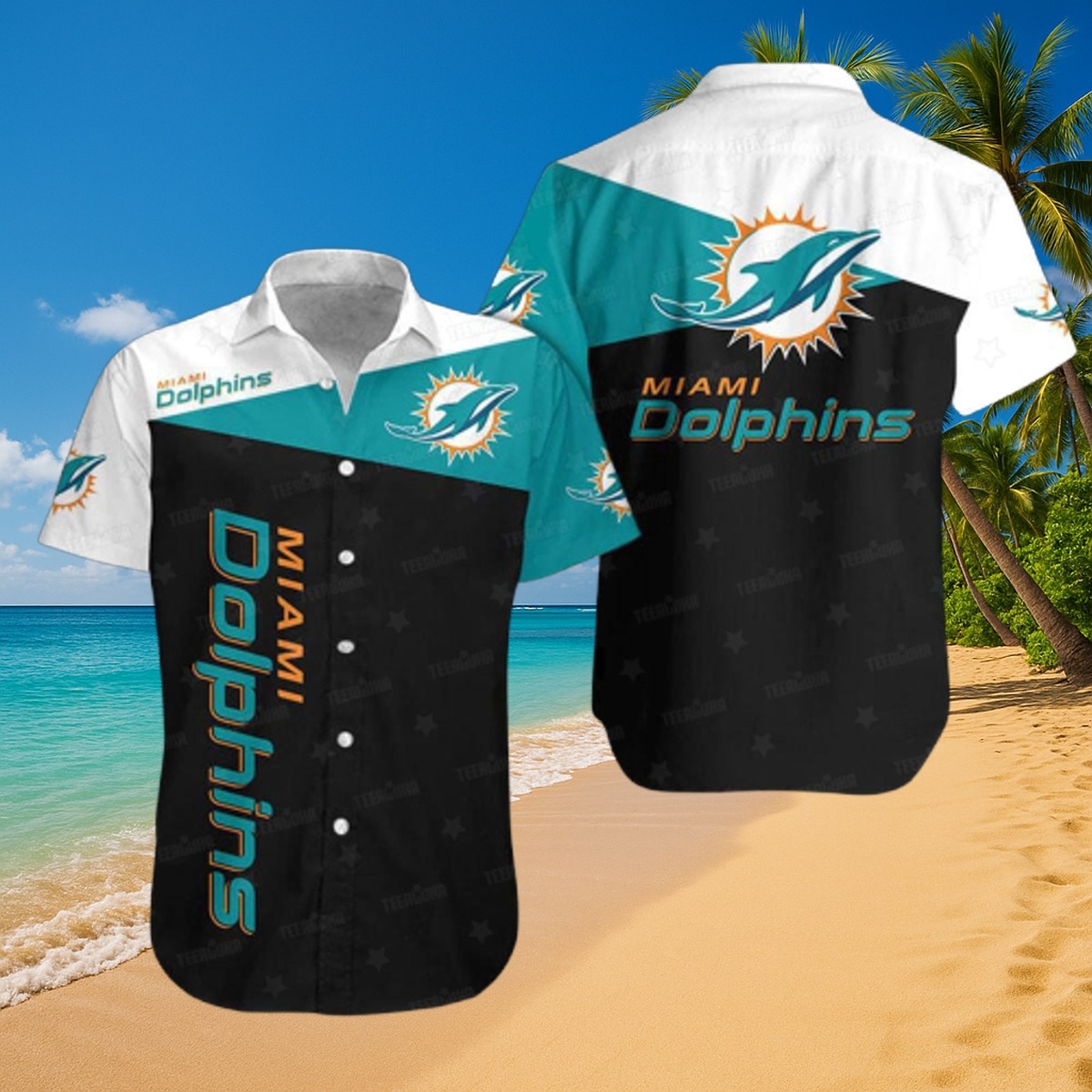 Men s Miami Dolphins Hawaiian Shirt - Diagonal Color Block Tropical Button Down Fan Apparel