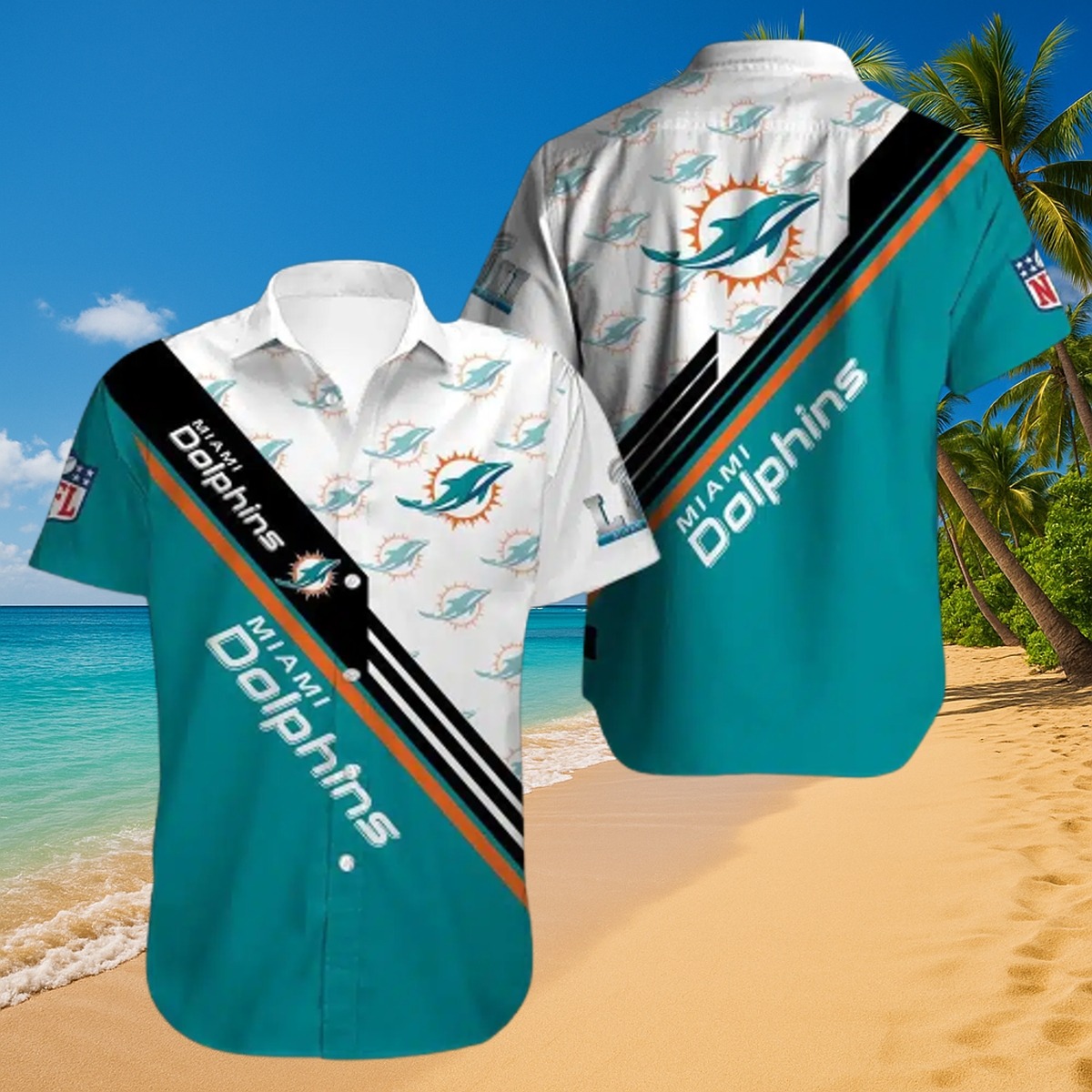 Men s Miami Dolphins Hawaiian Shirt - Repeating Dolphin Logo Pattern with Diagonal Stripe Design - Casual Summer Fanwear
