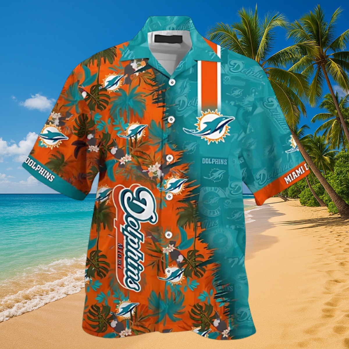 Men s Miami Dolphins Hawaiian Shirt - Split Teal Orange Tropical Floral Print Button-Down