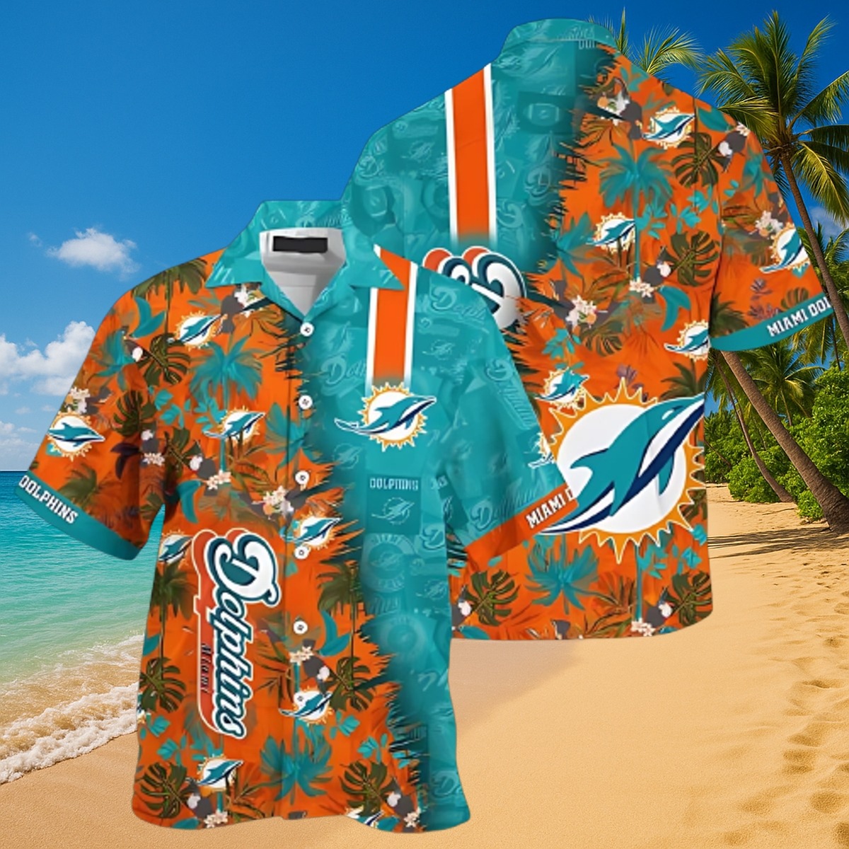 Men s Miami Dolphins Hawaiian Shirt - Split Teal Orange Tropical Floral Print Button-Down