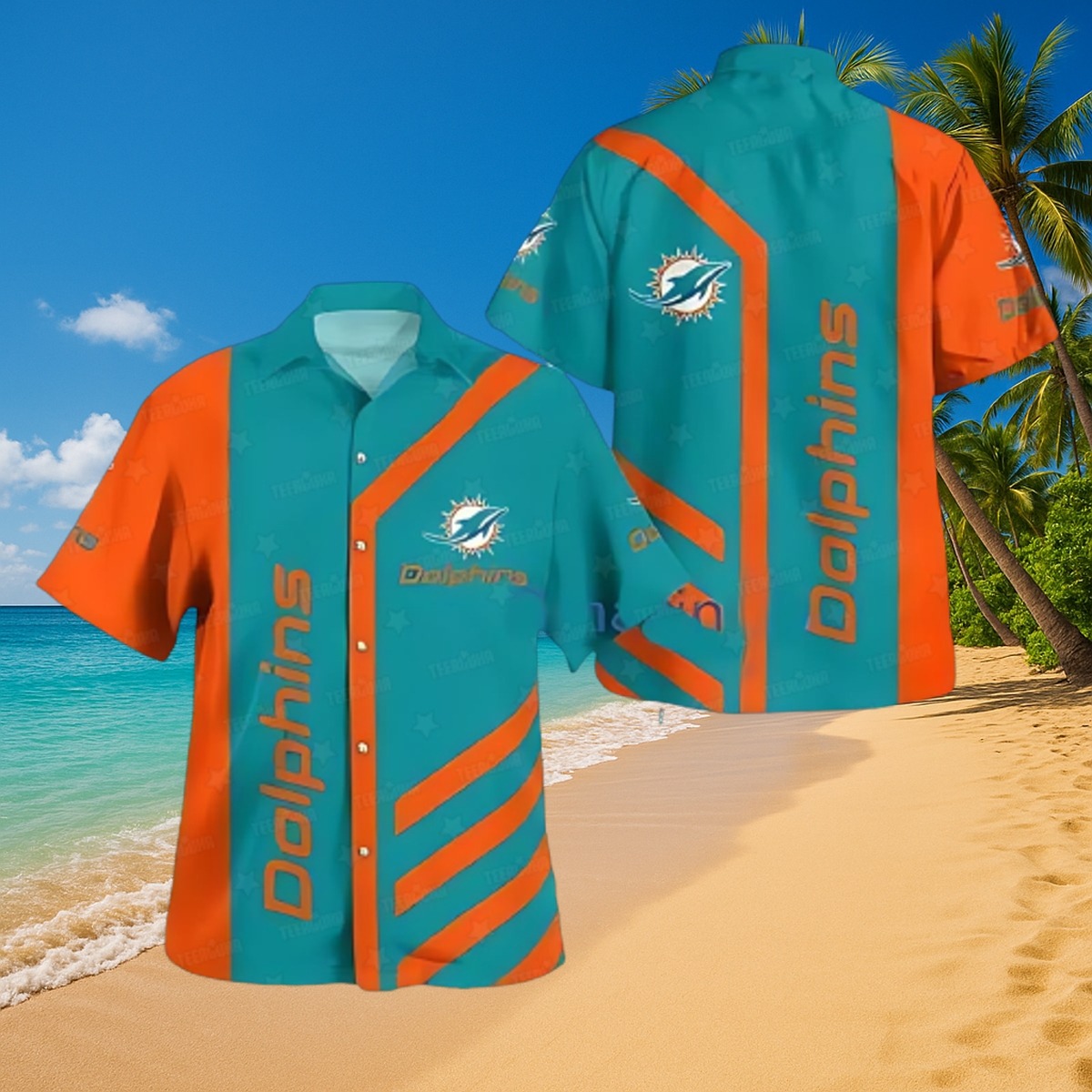 Men s Miami Dolphins Hawaiian Shirt - Teal Orange Color Block Button-Down with Logo