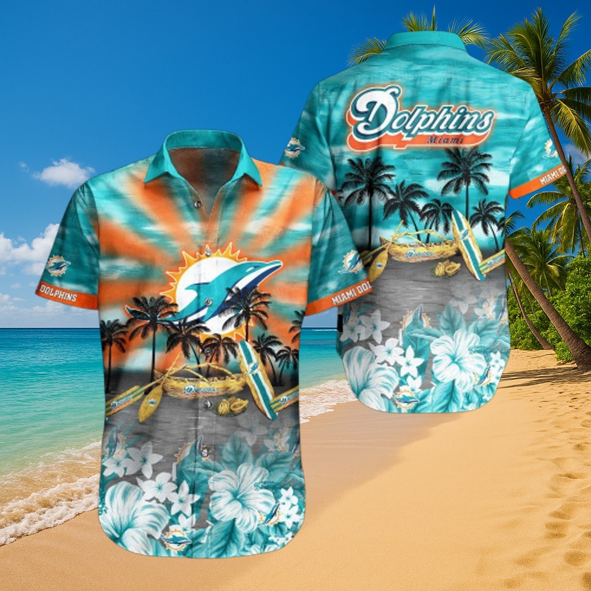 Men s Miami Dolphins Hawaiian Shirt Tropical Beach Print with Dolphin Logo, Palm Trees, Surfboards - Button-Down Aloha Shirt