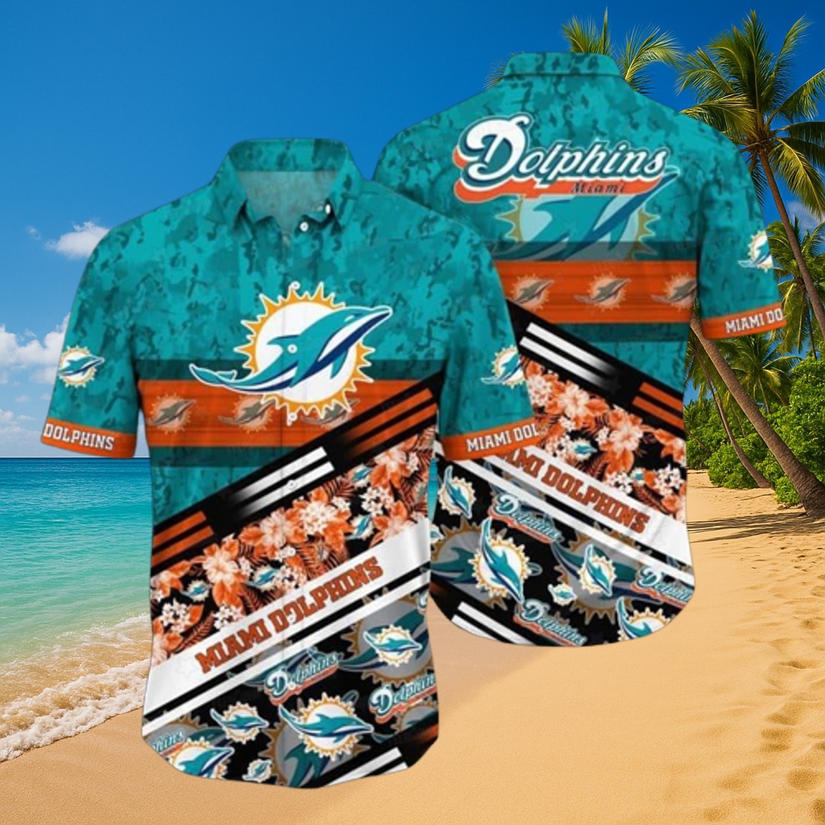 Men s Miami Dolphins Hawaiian Shirt Tropical Floral Print Casual Button-Down Short Sleeve