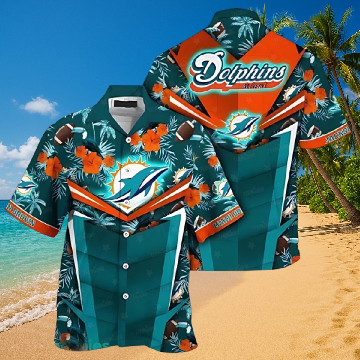 Men s Miami Dolphins Hawaiian Shirt Tropical Floral Print Football Game Day Button-Down