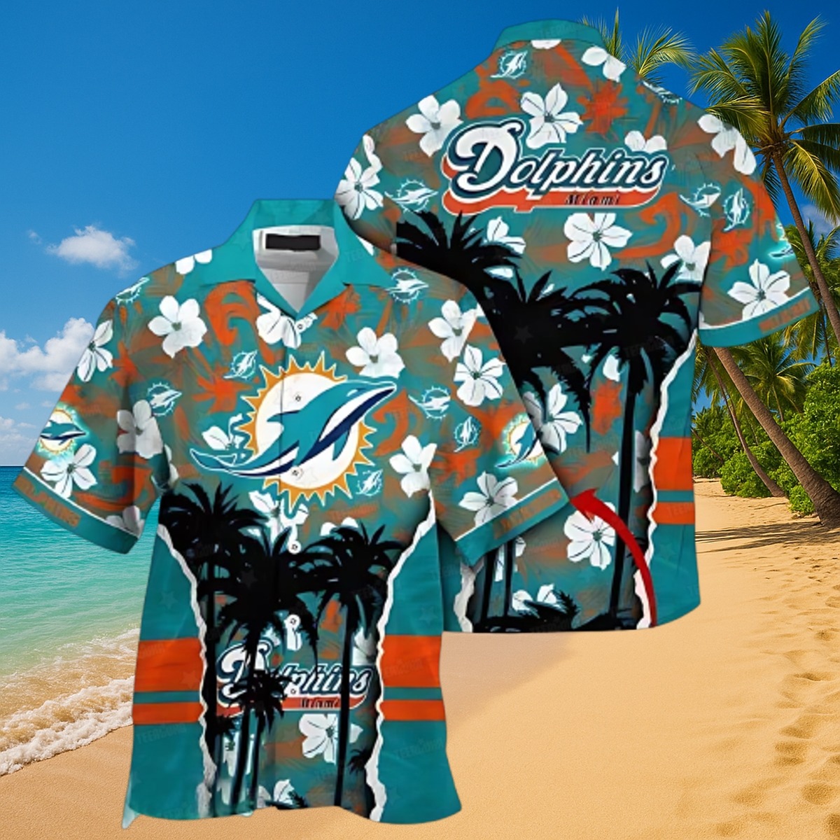 Men s Miami Dolphins Hawaiian Shirt Tropical Hibiscus Floral Print Palm Trees Casual Button-Down