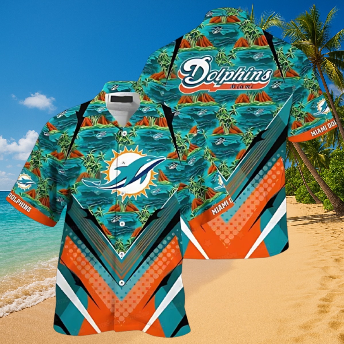 Men s Miami Dolphins Hawaiian Shirt Tropical Island Pattern Casual Button-Down Beach Shirt