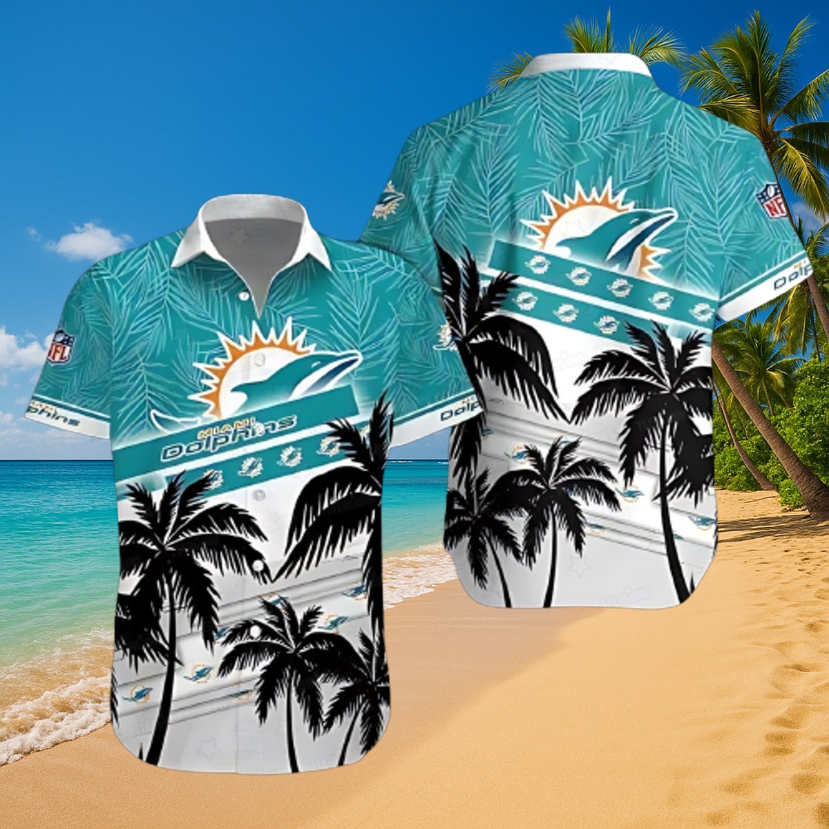 Men s Miami Dolphins Hawaiian Shirt - Tropical Palm Tree Logo Print Button-Down
