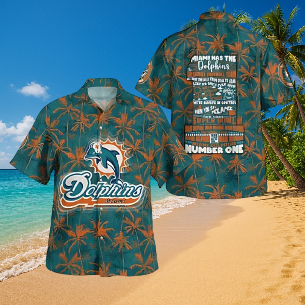 Men s Miami Dolphins Hawaiian Shirt Tropical Palm Tree Print Button-Down with Back Graphic Text