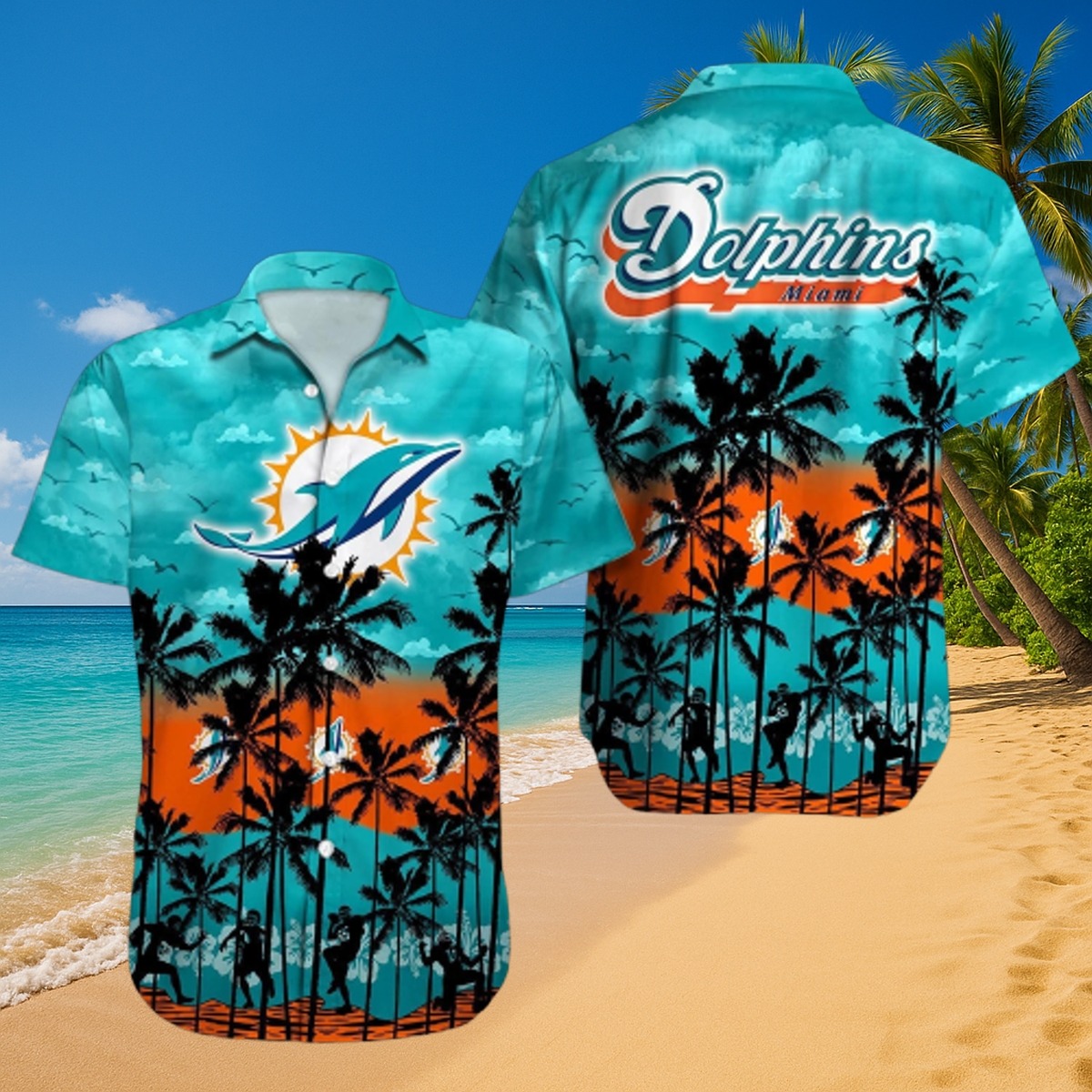Men s Miami Dolphins Hawaiian Shirt Tropical Palm Tree Sunset Beach Football Players Button-Down