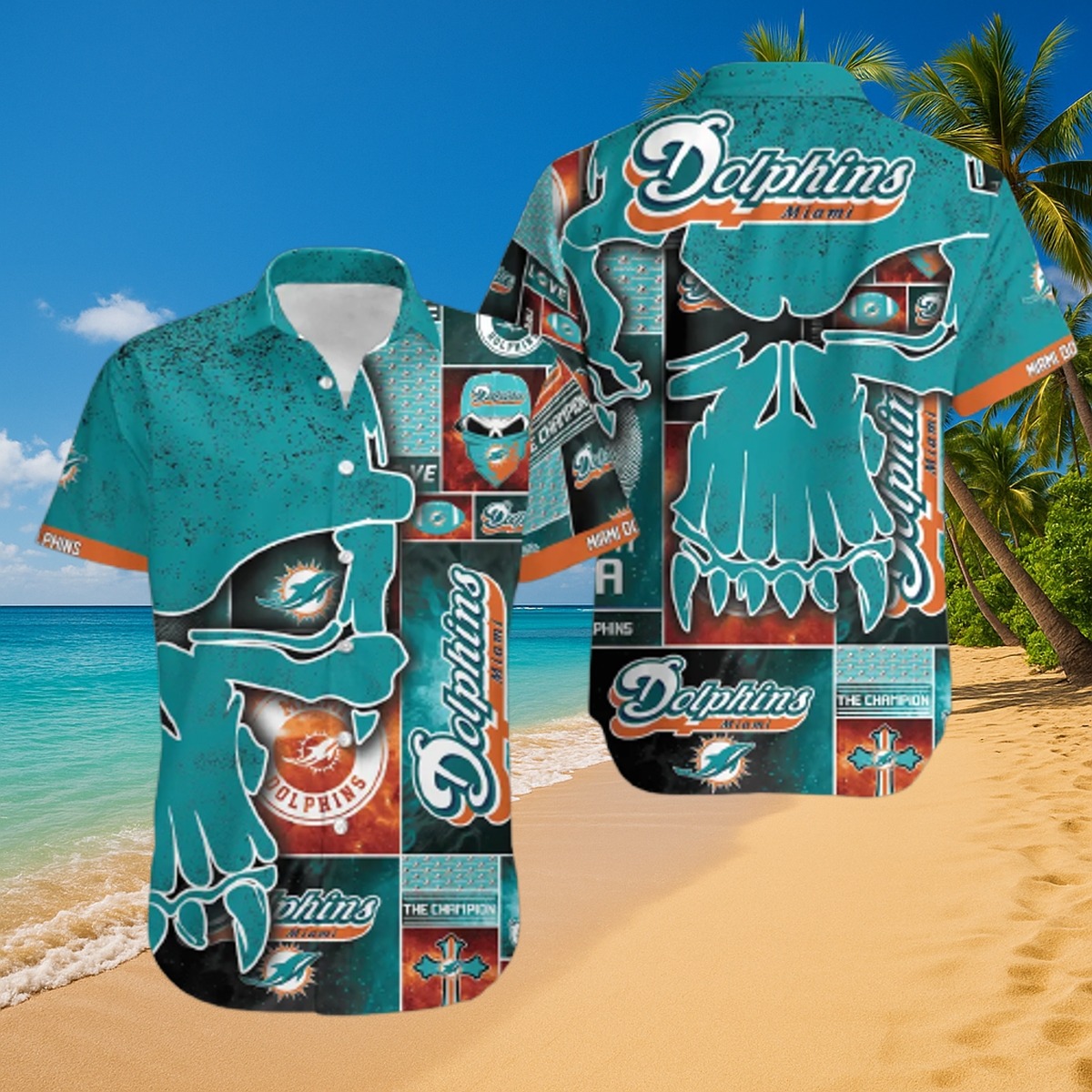 Men s Miami Dolphins Hawaiian Shirt with Aqua Punisher Skull Graphic - Casual Button-Down