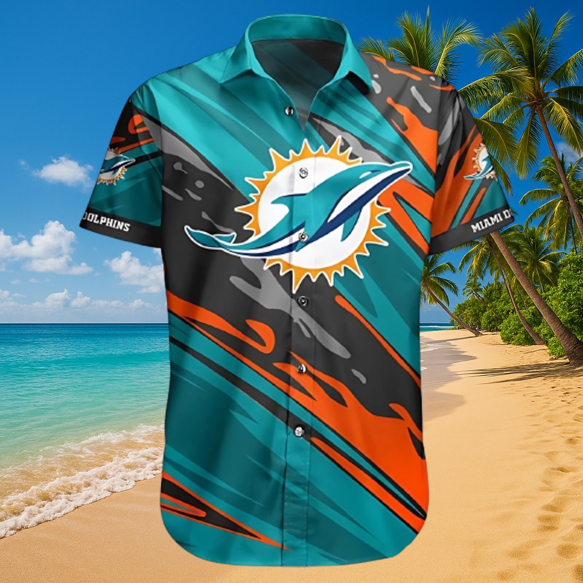 Men s Miami Dolphins Hawaiian Shirt with Bart Simpson Graphic and Dynamic Wave Print