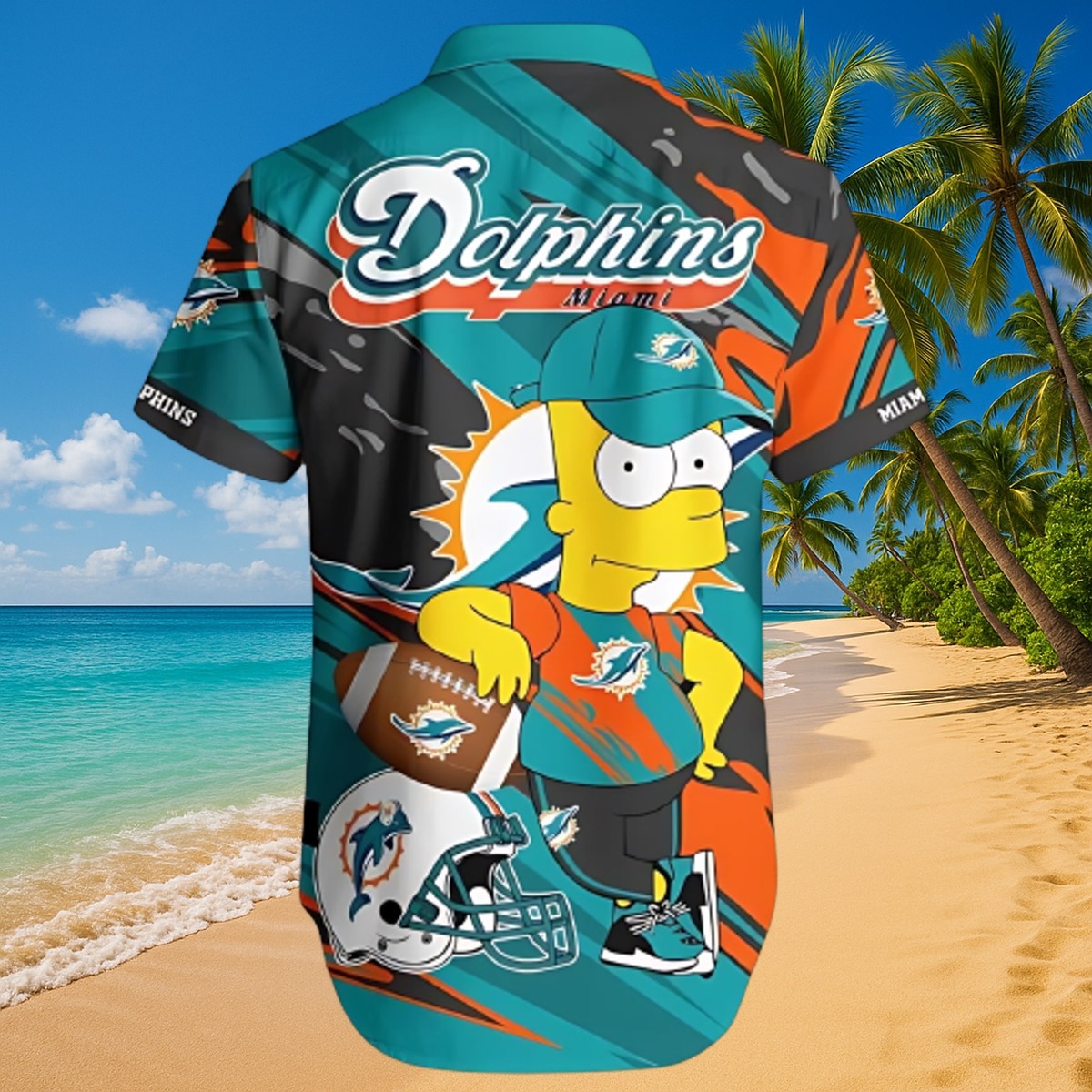 Men s Miami Dolphins Hawaiian Shirt with Bart Simpson Graphic and Dynamic Wave Print