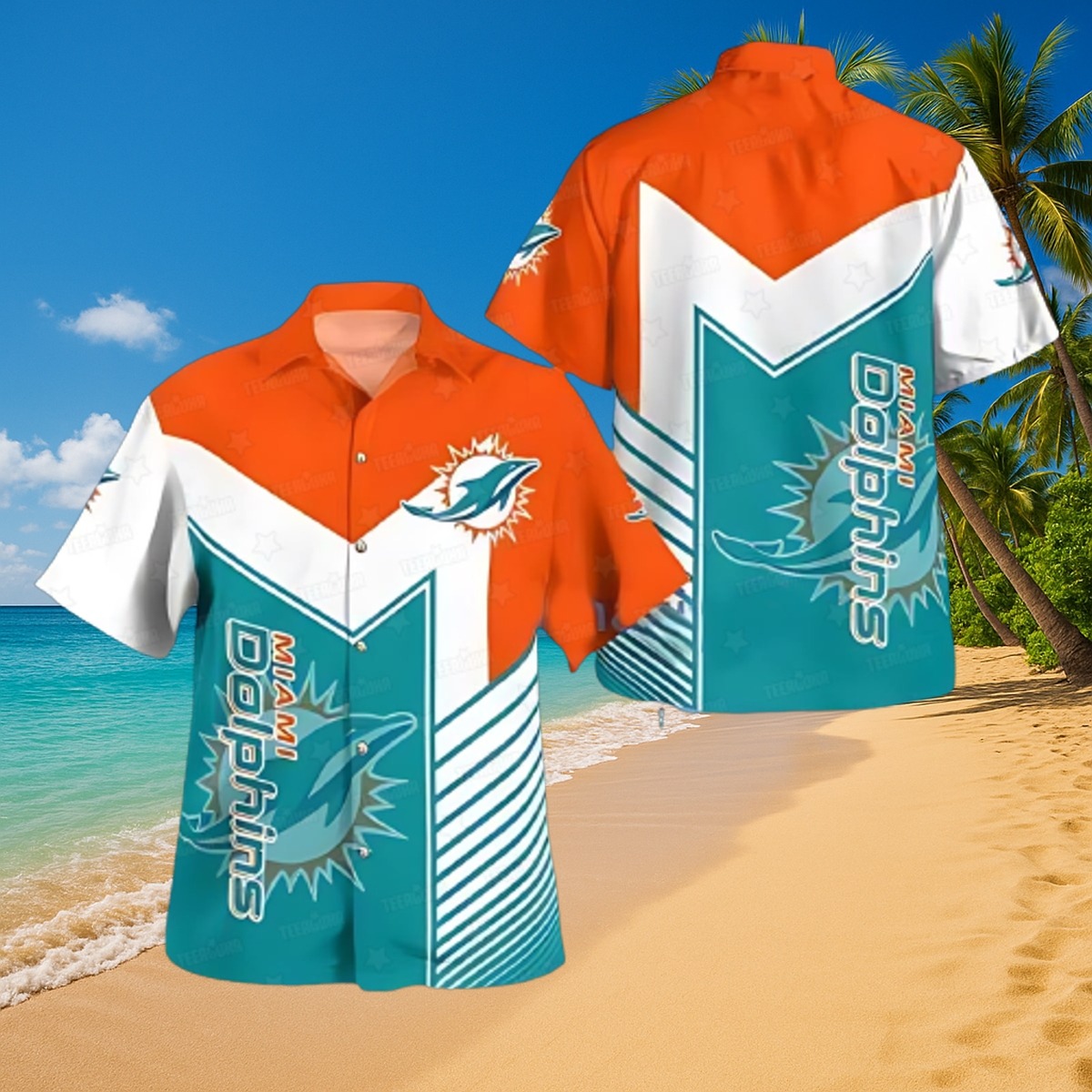 Men s Miami Dolphins Hawaiian Shirt with Chevron Pattern - Orange Teal White Tropical Button-Down
