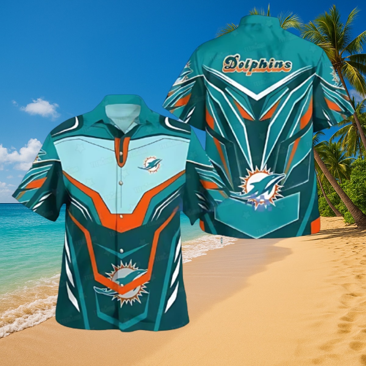 Men s Miami Dolphins Hawaiian Shirt with Cyber Shield Geometric Design - Casual Button Down